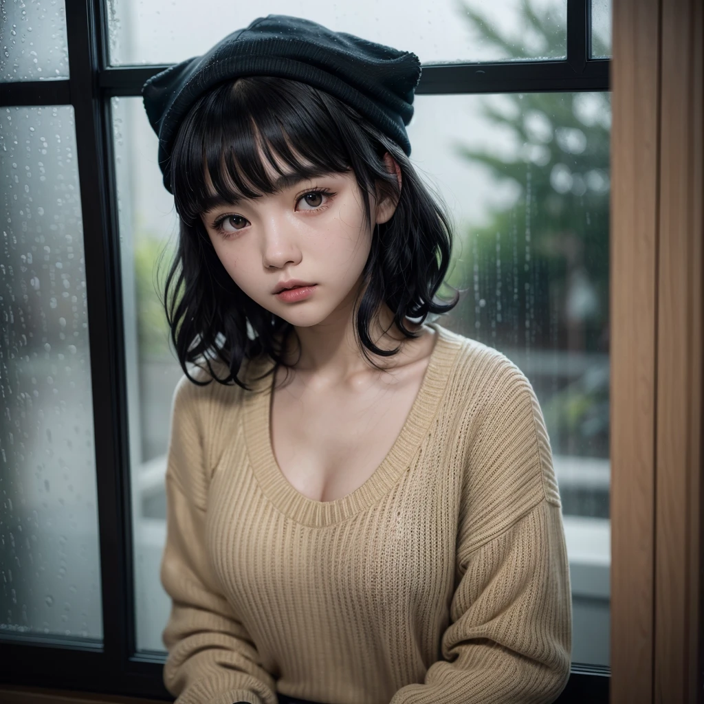 ((best qualityer)), ((work of art)), (detailded),cute japanese,((1girl)), 18-years old, ((porcelain cut white skin)),BLACK eyes,(black medium wavy hair with bangs:1.5),black cat ear ,((flushed skin)),,(Alone), (a detailed full-body RAW photo of a girl), (Artwork: 1), (best quality: 1.4), (Ultra high resolution: 1.2), (photorealistic: 1.4), 8k resolution, Canon EOS R5, 50mm, Absurd, ultra detailed, sharp focus, cinematic lighting, Detailed Beautiful Face,wearing a beige sweater, sweatpants,((red cap)), looking out the window at the rain falling,(rain down in the Windows),rainy day