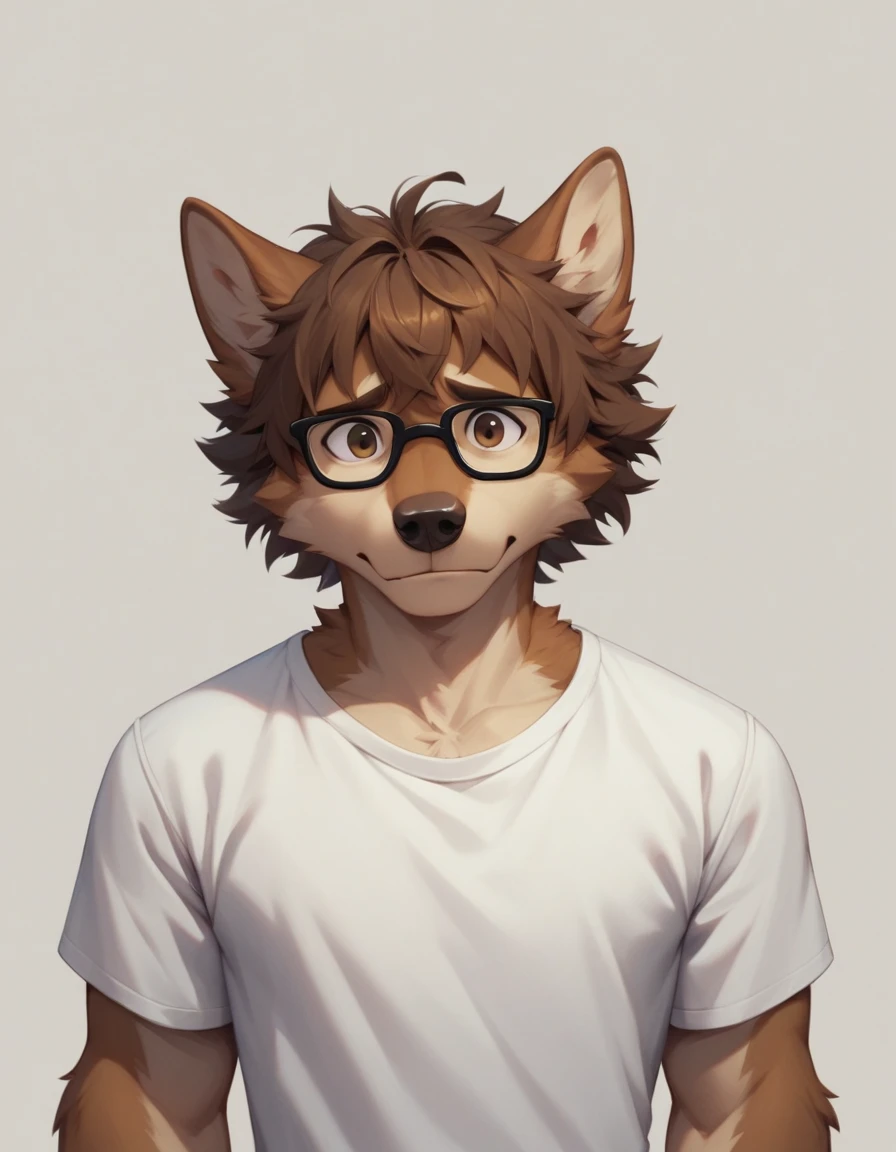 score_9,score_8_up,score_7_up, 2d art, an Anthro furry male wolf, adult male, brown eyes, brown shaggy hair, black glasses, wearing white t shirt, he looks nervous, upper body shot, front view, looking at viewer