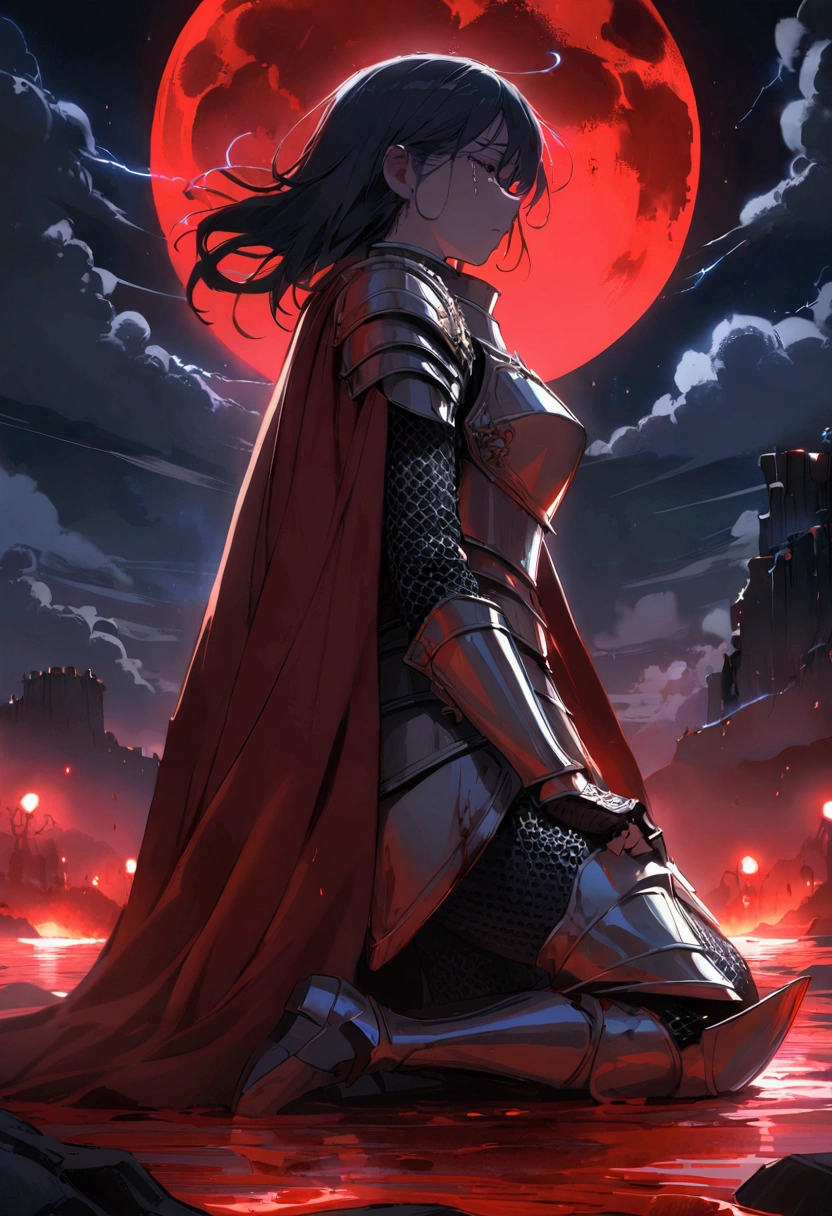 (masterpiece, best quality, detailed, vibrant colors), fantastical, (solo), (knight), kneeling, chainmail, plate armor, sad, tears, outdoors, battlefield, (blood:1.1), tired, exhausted, windy, backlight, cape, tragic, dramatic, (night), red moon, moonlight, thunderstorm, lightning, clouds, blood pond, wrenchsfantasy, fantasy, glowing, CryingBlood, moon in the back ground, spot light