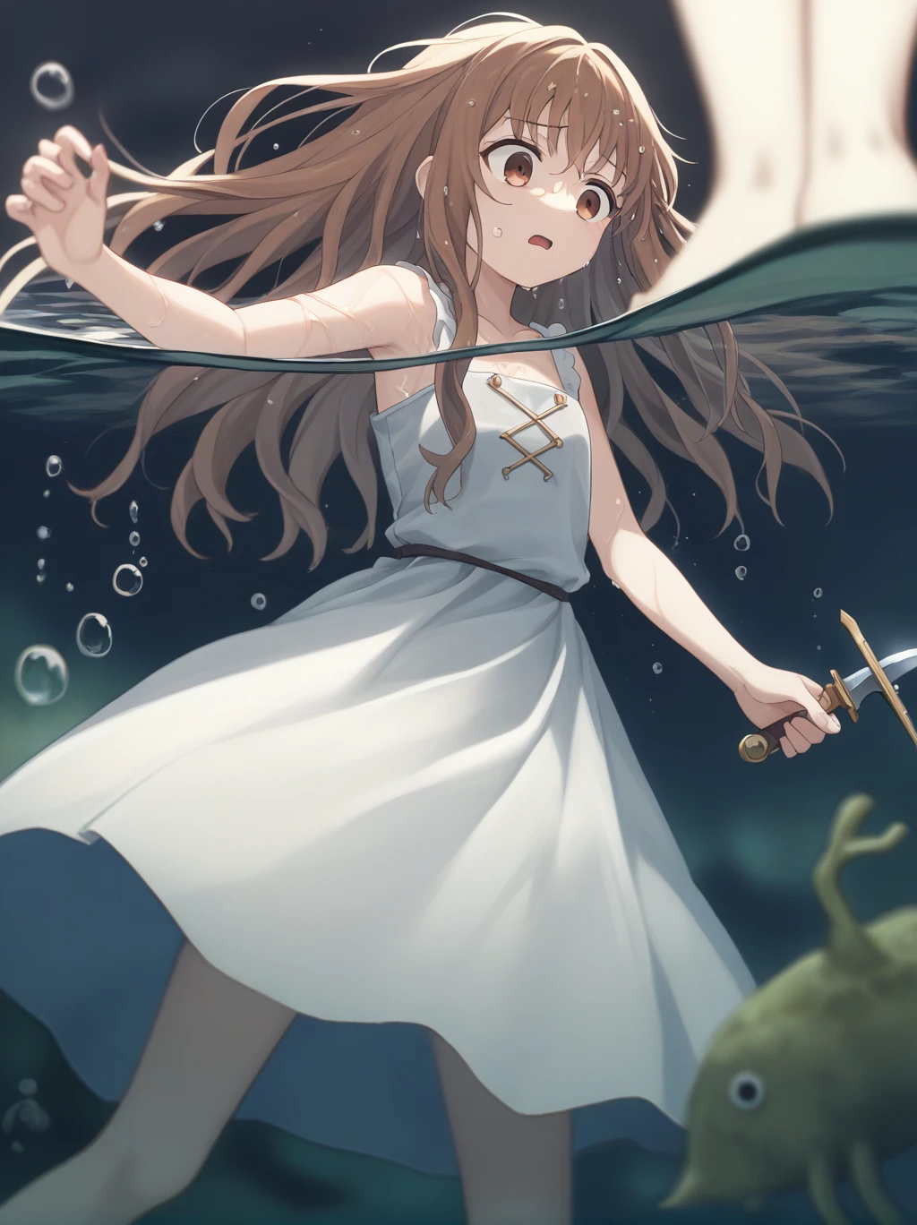 score_9, score_8_wonderful, score_7_wonderful, score_6_wonderful, sauce_anime, partially underwater,
One Girl, Long Hair, Brown Hair, Wet Hair,
White Dress, Swamp,
Dark Background, Blurred Edges,、Adventurer、Flat Chest、Pitch-dark underground labyrinth、No light、skirt、Equipped with a dagger and a shield、水面よりwonderfulの顔、Corpse in Underwater Photography、浮力でskirt捲れる