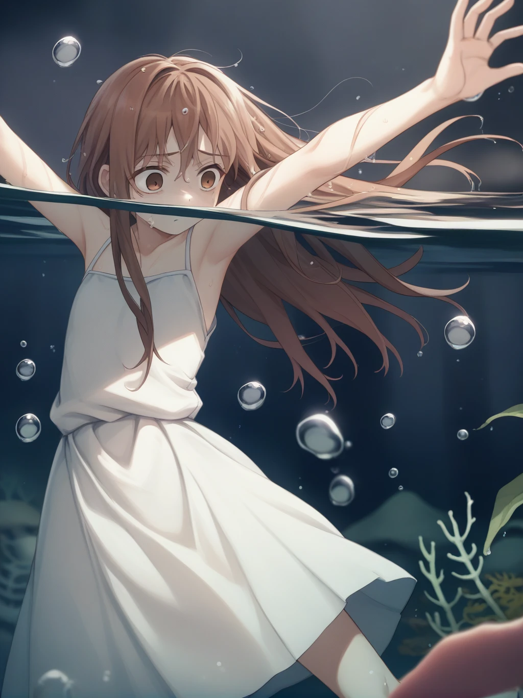 score_9, score_8_wonderful, score_7_wonderful, score_6_wonderful, sauce_anime, partially underwater, 
One Girl, Long Hair, Brown Hair, Wet Hair,
White Dress, Swamp,
Dark Background, Blurred Edges,8-year-old、Adventurer、Flat Chest、Pitch-dark underground labyrinth、No light、skirt、Equipped with a dagger and a shield、水面よりwonderfulの顔、Corpse in water, Underwater Photography、浮力でskirt捲れる