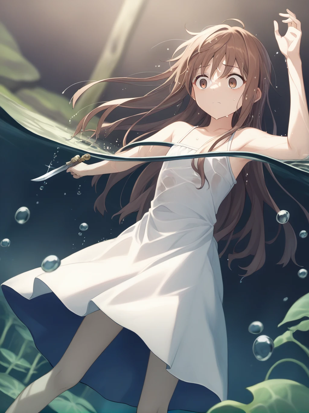 score_9, score_8_wonderful, score_7_wonderful, score_6_wonderful, sauce_anime, partially underwater,
One Girl, Long Hair, Brown Hair, Wet Hair,
White Dress, Swamp,
Dark Background, Blurred Edges,8-year-old、Adventurer、Flat Chest、Pitch-dark underground labyrinth、No light、skirt、Equipped with a dagger and a shield、水面よりwonderfulの顔、Corpse in water, Underwater Photography、浮力でskirt捲れる