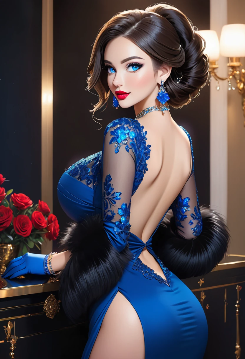 xcharleston style, 1 girl age 23, Alone, Blue eyes, black fur, gloves, dress, huge breasts, jewelry, earrings, looking back, bracelet, lips, make up, lipstick
