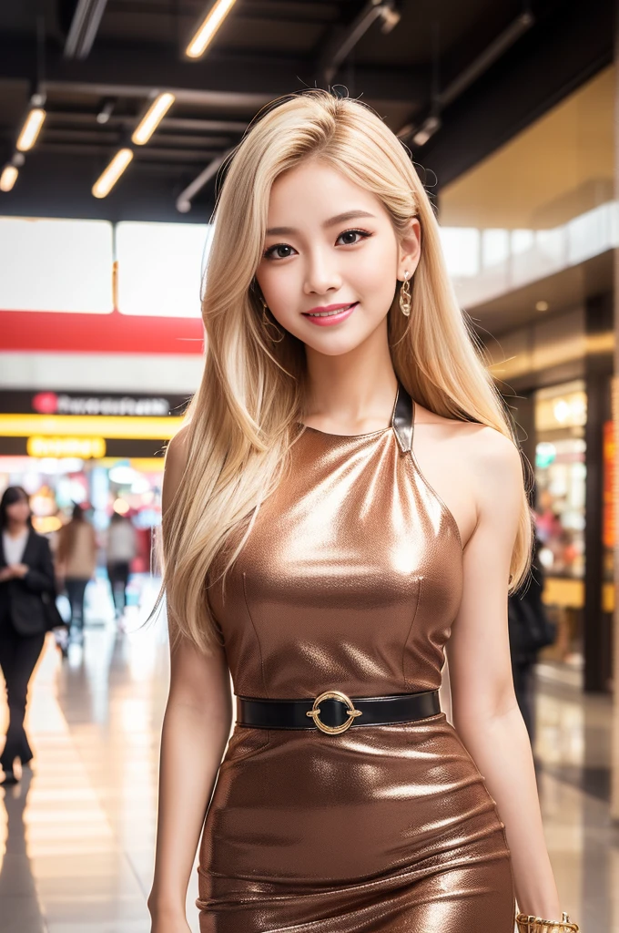 (best quality, 4k ,8k, highres, masterpiece:1.2), ultra-detailed, (realistic, photorealistic, photo-realistic:1.37), closeup, beautiful Thai woman, (slim girl), (happy smile), long lashes, beautiful makeup, platinum blonde hair, fair skin, slender figure, elegant posture, wearing large sparkling colorful jewelery, wearing a business style leather dress, standing in a large shopping mall, gentle sunlight shining through the shopping mall windows, casting a soft glow on her face, adding warmth to the scene, vibrant colors, capturing the essence of vibrant city life, portrait style, showcasing her natural beauty and grace in a feminine way