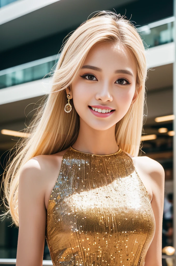 (best quality, 4k ,8k, highres, masterpiece:1.2), ultra-detailed, (realistic, photorealistic, photo-realistic:1.37), closeup, beautiful Thai woman, (slim girl), (happy smile), long lashes, beautiful makeup, platinum blonde hair, fair skin, slender figure, elegant posture, wearing large sparkling colorful jewelery, wearing a business style leather dress, standing in a large shopping mall, gentle sunlight shining through the shopping mall windows, casting a soft glow on her face, adding warmth to the scene, vibrant colors, capturing the essence of vibrant city life, portrait style, showcasing her natural beauty and grace in a feminine way