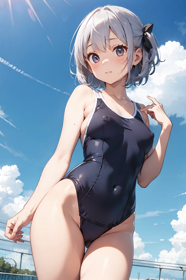 Nude、School Swimsuit、School Swimsuit、Floating nipples、Silver Hair、short hair、Hair Ribbon、Clear skies、Embarrassing pose、Bend forward to accentuate your chest