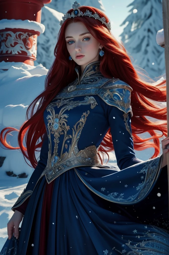 16 year old Sophie Turner, ultra detailed face, ultra detailed blue eyes, long red hair, (dress, long skirt), crown, winter, (((masterpiece)))