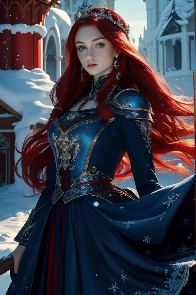 16 year old Sophie Turner, ultra detailed face, ultra detailed blue eyes, long red hair, (dress, long skirt), crown, winter, (((masterpiece)))
