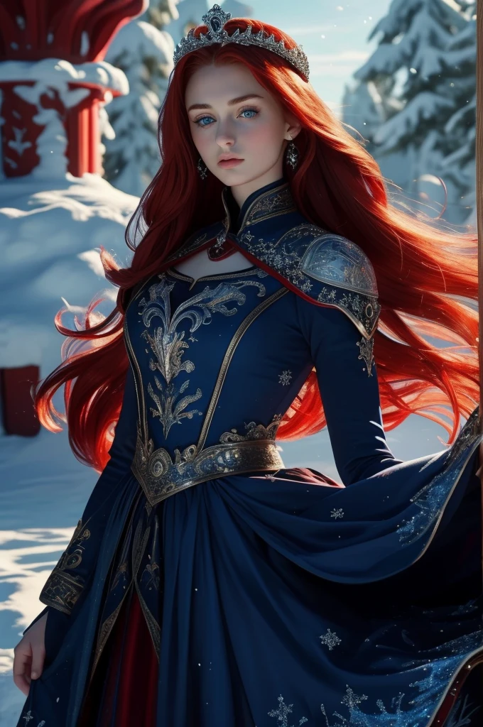 16 year old Sophie Turner, ultra detailed face, ultra detailed blue eyes, long red hair, (dress, long skirt), crown, winter, (((masterpiece)))