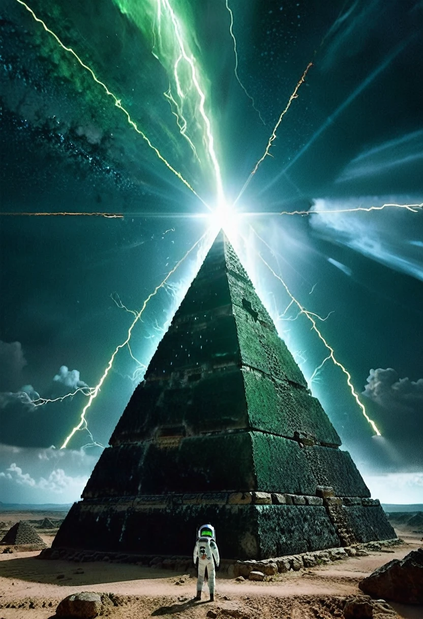 low angle dolly in, cinematic, Naturalistic film style, natural light, film grain, nude woman astronaut, endless black space, in the middle a giant cosmic ancient stone pyramid levitates, the pyramid exudes a green glow, storm, thunder, stars and planet explode, star wind