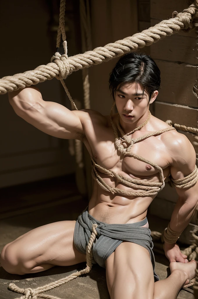 asian boy, korean, (((18 year old shirtless, fit))), fair hair, handsome face (((wearing thong))) biceps flexed, kneeling, ((((Trussed up completely with rope)))), ((((very tight rope crossed over chest)))), sweating, wet skin, Afraid in a dungeon with candles and a fireplace