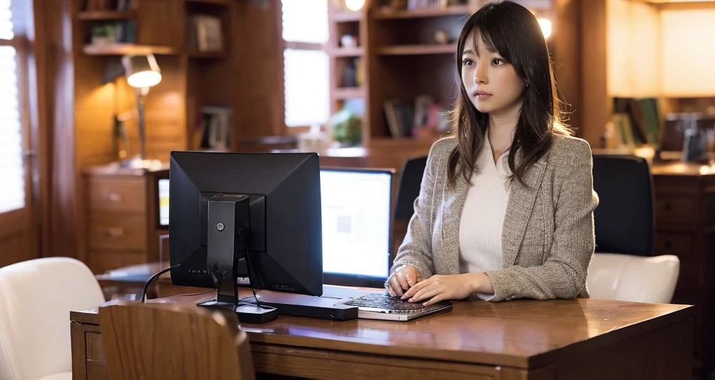I would like a realistic 32K animation with a view from a far distance, a beautiful office, a beautiful 25-year-old Otohime, a neat suit, beautiful long legs, programming on a computer, a monitor visible, and a fantastic light emphasis.