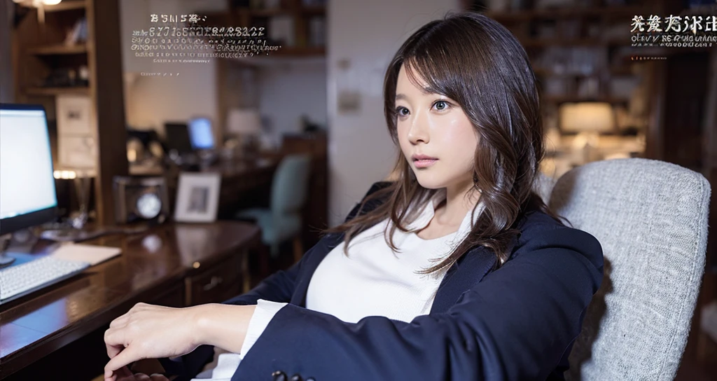 I would like a realistic 32K animation with a view from a far distance, a beautiful office, a beautiful 25-year-old Otohime, a neat suit, beautiful long legs, programming on a computer, a monitor visible, and a fantastic light emphasis.