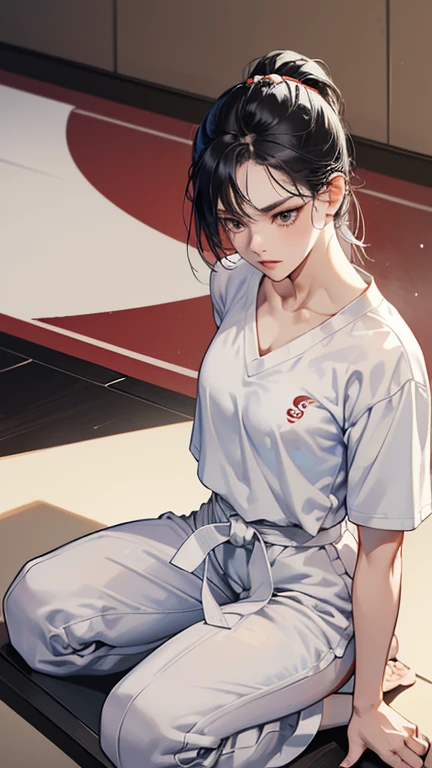 Slender female karateka Mature Woman ((seiza)) Open chest Karate Dojo Black Hair ponytail ((White T-shirt underneath the karate uniform)) clavicle Black belt sit White pants,Loose, plain white clothing, Loose white short-sleeved karate uniform Décolletage Open chest karate uniform