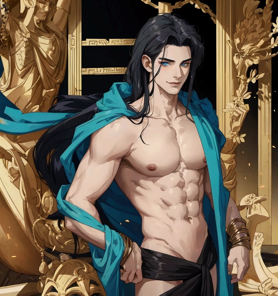 sexy young greek god hades, shirtless, smirking, background the underworld