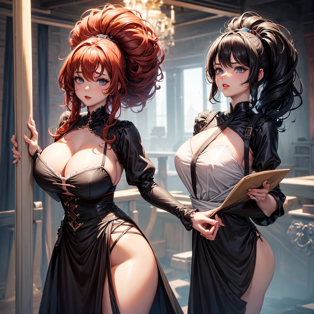 1 girl, standing alone, Homemade rustic dress in black, made of satin , with a loose smock-like cut, high-waist, and three-quarter sleeves, Mrs, Average height, Scrawny, triangular face, skin tanned, hair orange ,icy blue eyes, [[curved nose]], fleshy lips, round portruding chin, long hair, thick hair, tapered afro, natural breasts, , pure red lipstick, Bending sideways with one arm extended above the head, Charming well-lit studio,full of equipment , :] , breathtaking, details Intricate, absurderes, high resolution, ultra detaild, highest quallity, Incredible details,