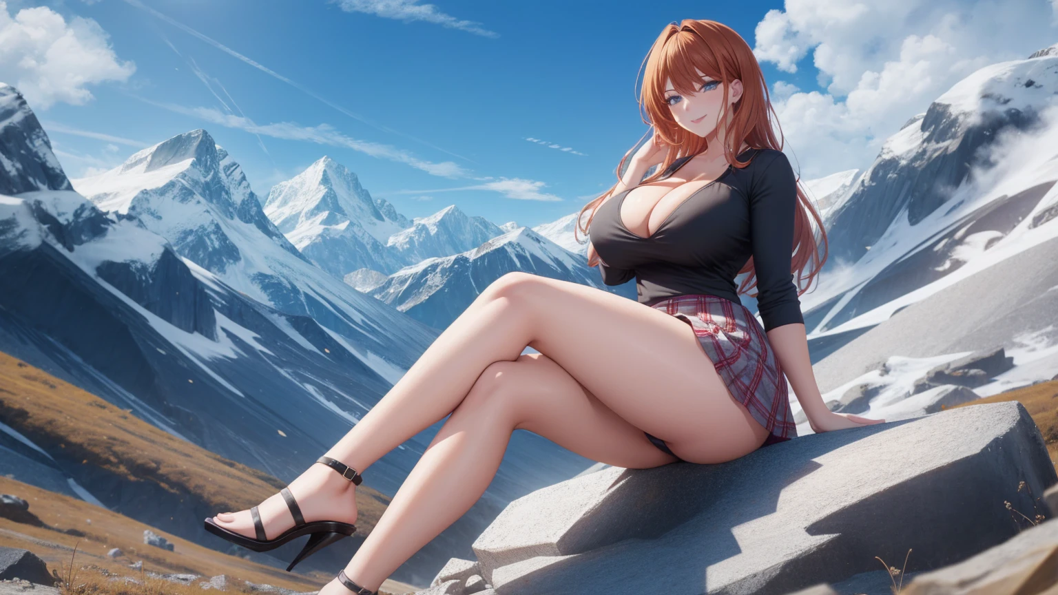 1 girl, very big breasts, very sexy body, 1 girl in, a smile, looks at the viewer, black shirt, super short white school miniskirt, full body, giant breasts, cleavage, giant breasts, heels, background in the mountains 1 girl , with big breasts. long legs QUEEN huge tits, (cleavage), high legs, (standing), sexy and muscular body. short skirt.4k hd