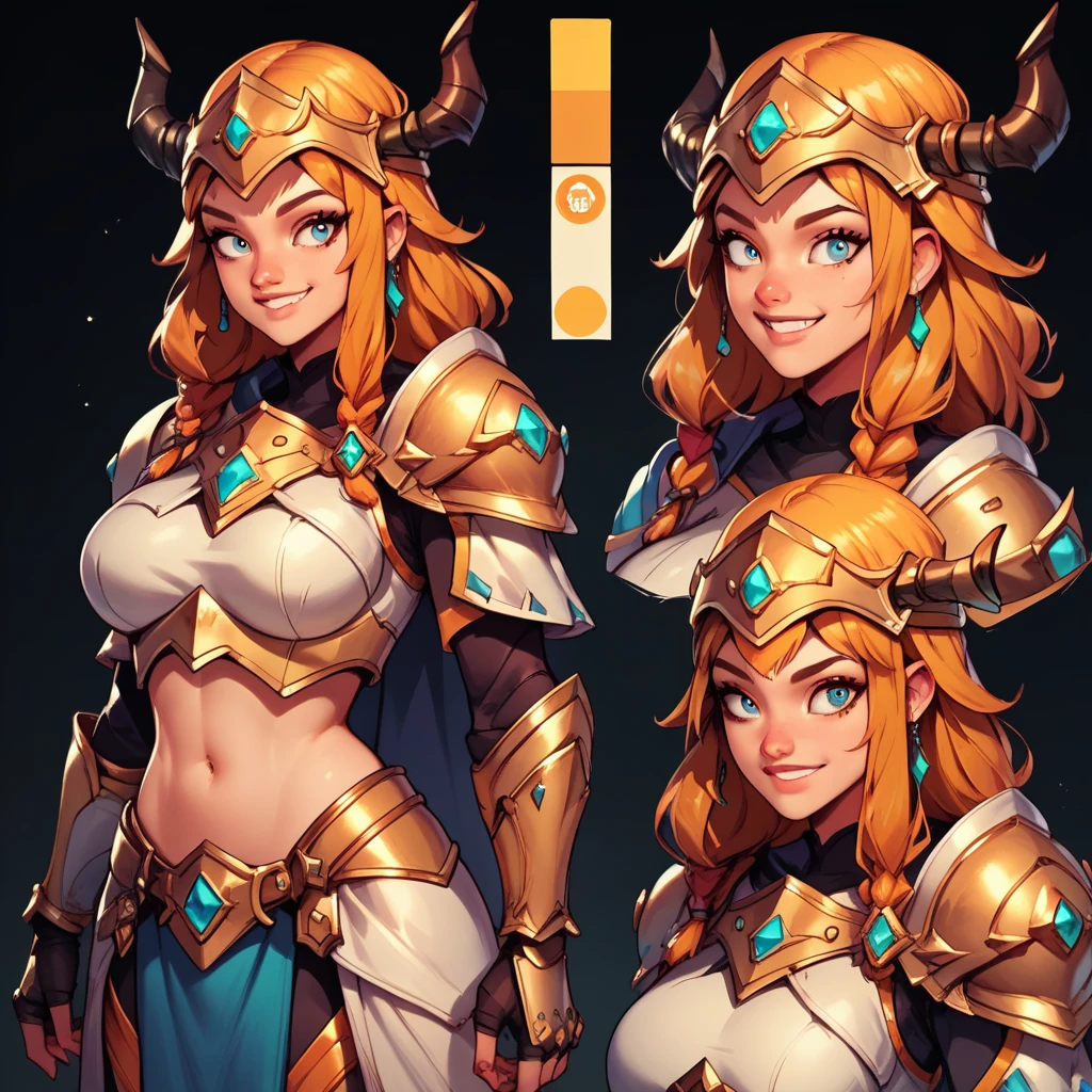 check_9, check_8_up, check_7_up, paladin girl, armor, helmet, big breasts, navel, golden shoulders ,smile, Looking at the viewer, Cute, simple black background, dynamic pose, sexual, reference sheet, (whole body, From Side, Front:1.1), upper body, cartoon,
 Character DesignXL