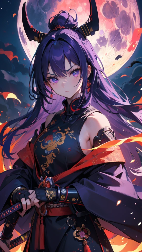 Best quality, Ultra detailed, best quality, insanely detailed, beautiful, masterpiece, 8k, 
break  
(full moon:1.2),  red moon, eye on moon, 
break 
1lady, solo, purple hair, (long hair:1.2),samurai helmet ,blue helmet, Crescent-shaped hair ornament , samurai armor, blue armor, ultra deltailed iris, purple  eyes, ultra detailed eyes, cool eyes, tsurime , samurai katana,  (no pattered wear:1.2) ,
Break
Upper body, from front,  nsfw, cutting at viewer, angry, 