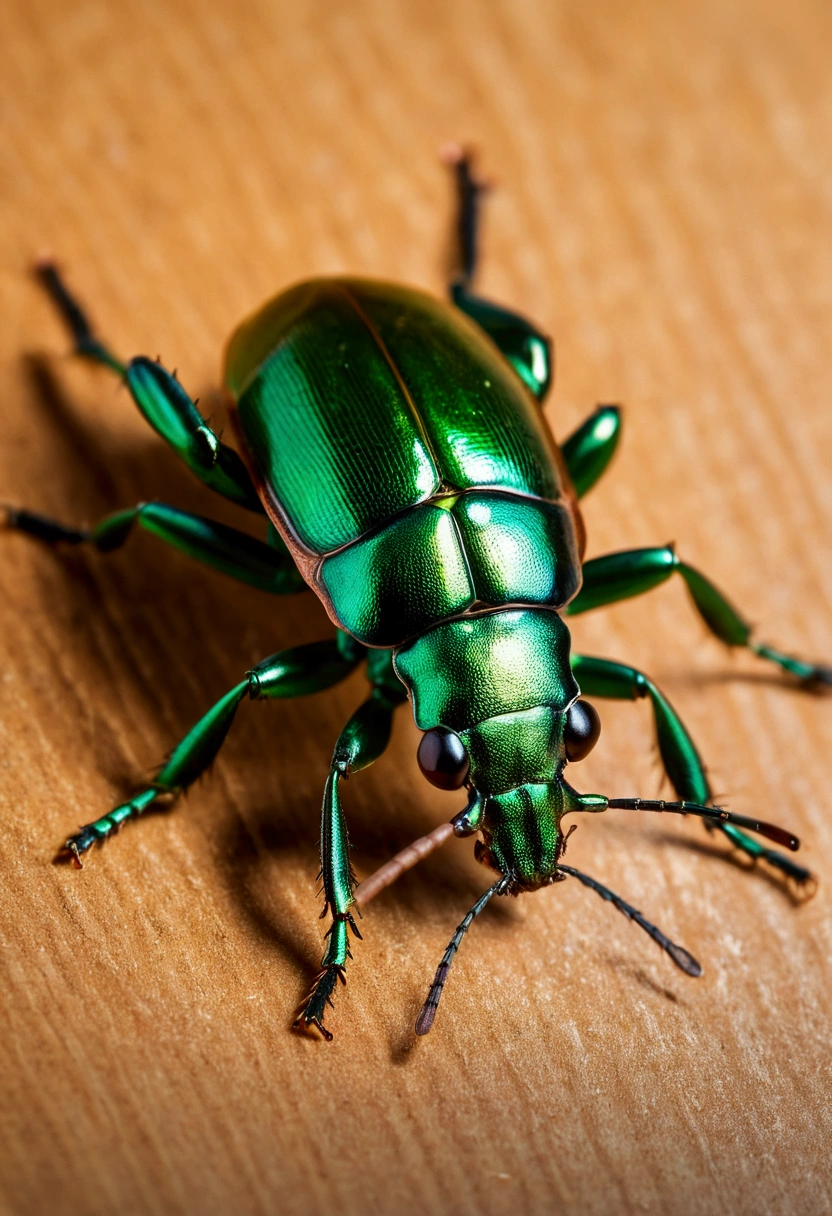 A golden-green bronze beetle crawls along a light brown board