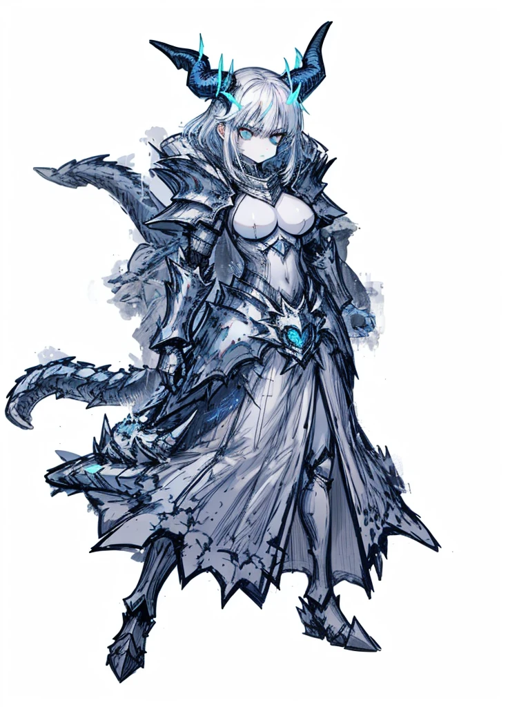 1girl ,white hair,blue eyes, pale skinned beast, white dragon, dragon horns, polar, ice knight , heavy armor, nice clothes, archer, (high resolution, high detail, best quality), calm, big breasts