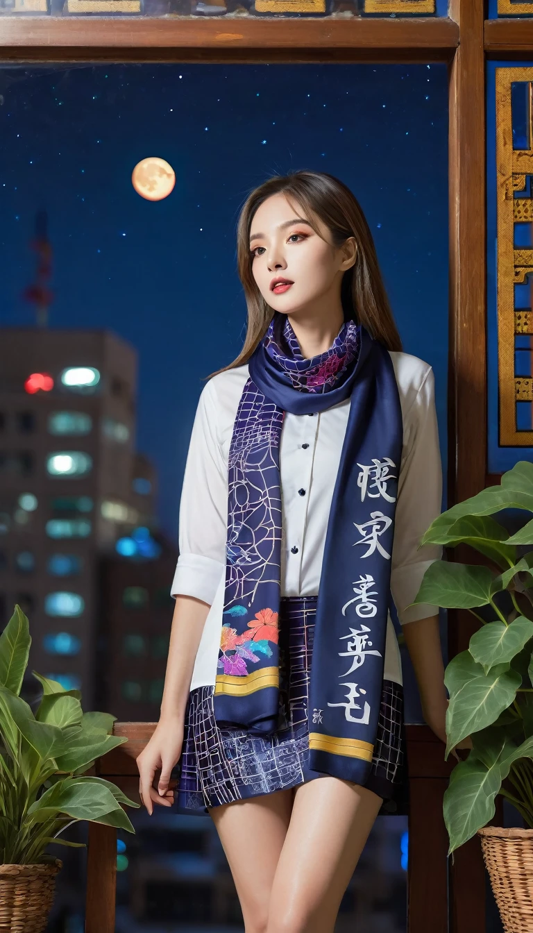Fishnet lady uniform,   hieroglyphic mockup, colorful  flora scarf ,, , moon night, window,