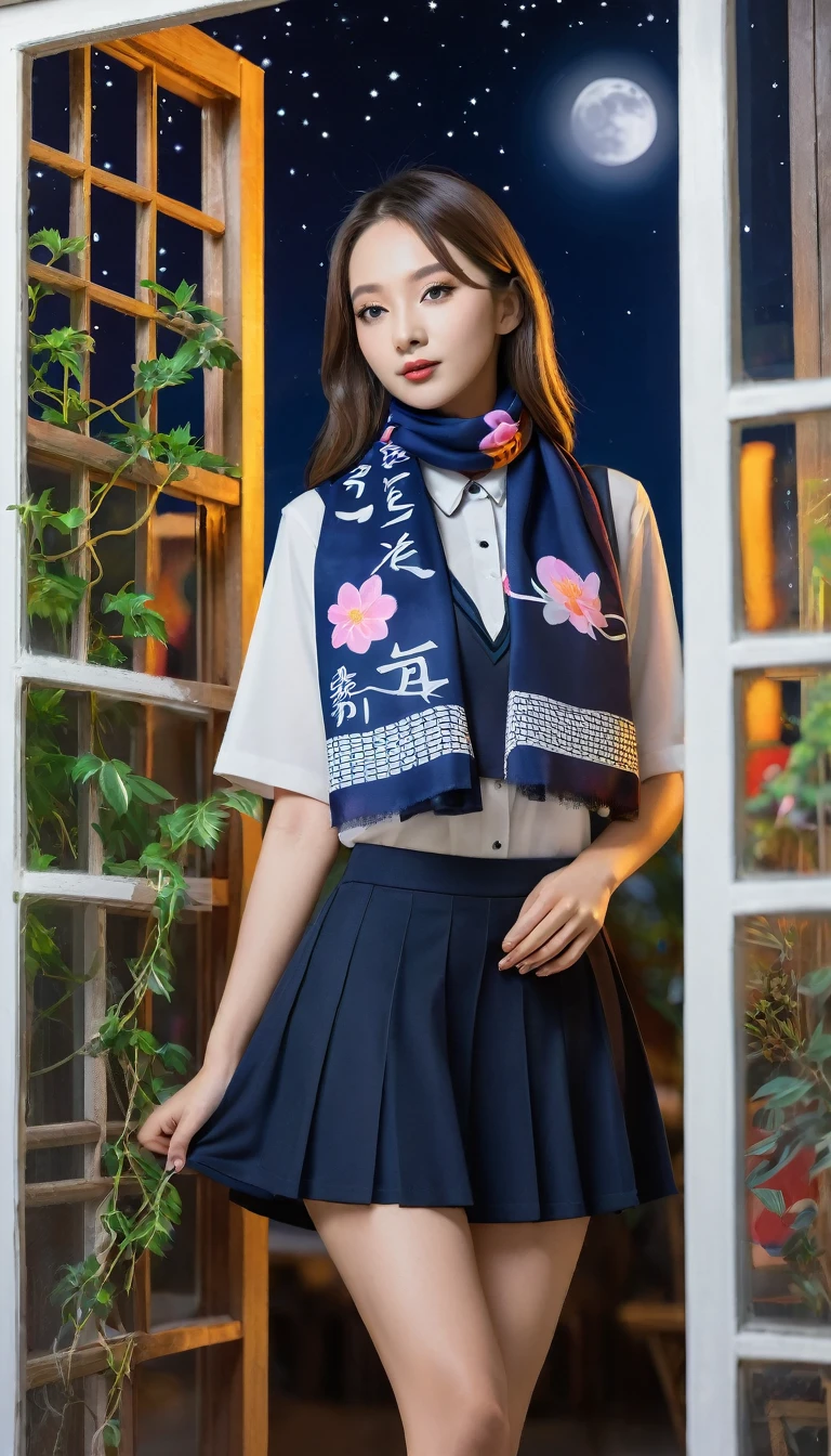 Fishnet lady uniform, hieroglyphic mockup, colorful flora scarf ,, , moon night, window,