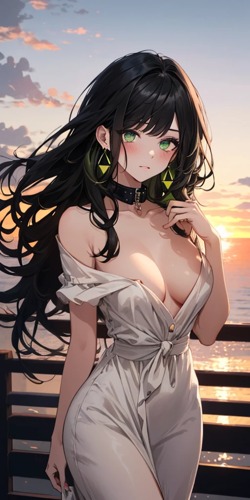 (top quality, masterpiece, high quality, ultra-delicate), ((beautiful girl)), ((Dark black hair)), mature, graceful curves, (long hair, long bangs), ((bright green eyes)), detailed eyes, modern clothing, bangs, fashionable clothing, black collar, long white sundress, casual ribbon, large breast and chest, charm, fashion, sunset in the background small blush, thick thighs, breast, green earrings. ((nudity))