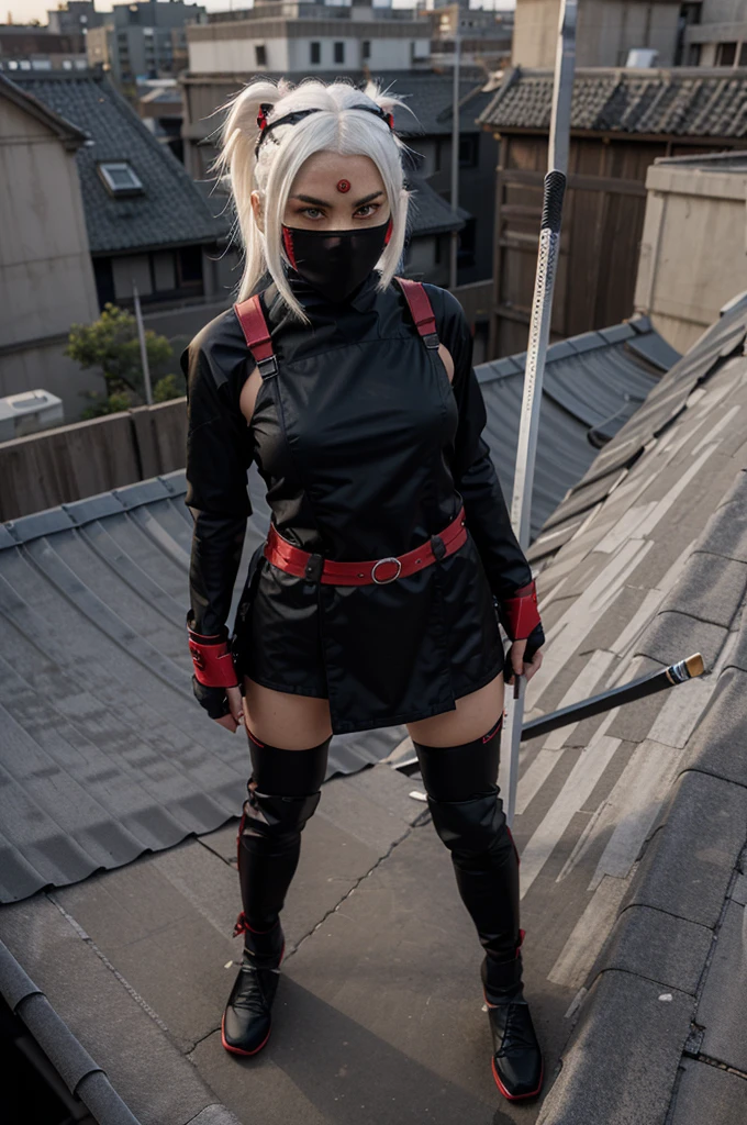 1 girl, white hair, red eye, ninja costume, red and black costume, cool ninja costumes, on the roof, full body, mouth covering, two katanas behind, stand, 