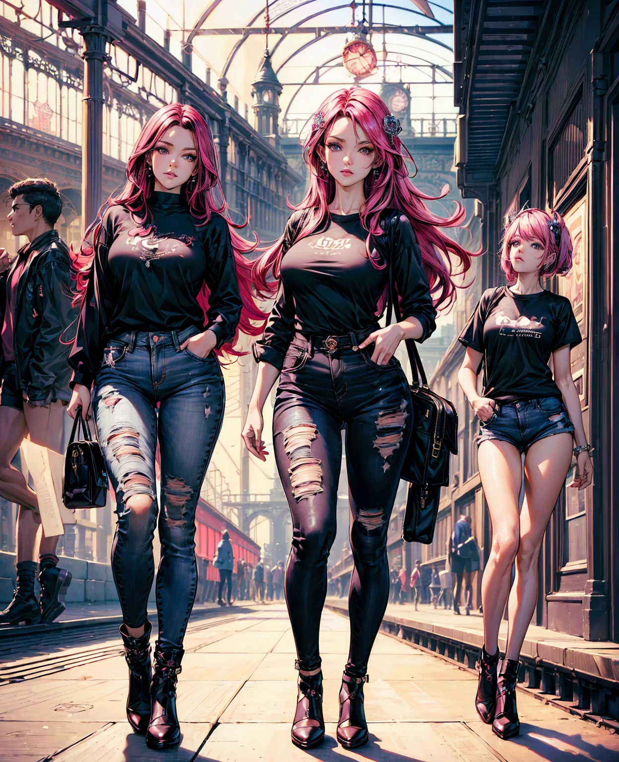 (masterpiece), (best quality), (Highres), Detailed, (Inricate Details 1.2), (Hyper Detailed 1.4), (Ornate Digital Art 1.2), absurdres, 1girl, small breasts, ass, hair ornaments, solo, pink hair, (black shirt:1.3), jeans, (train station:1.2) running, thighs, shortstack, 