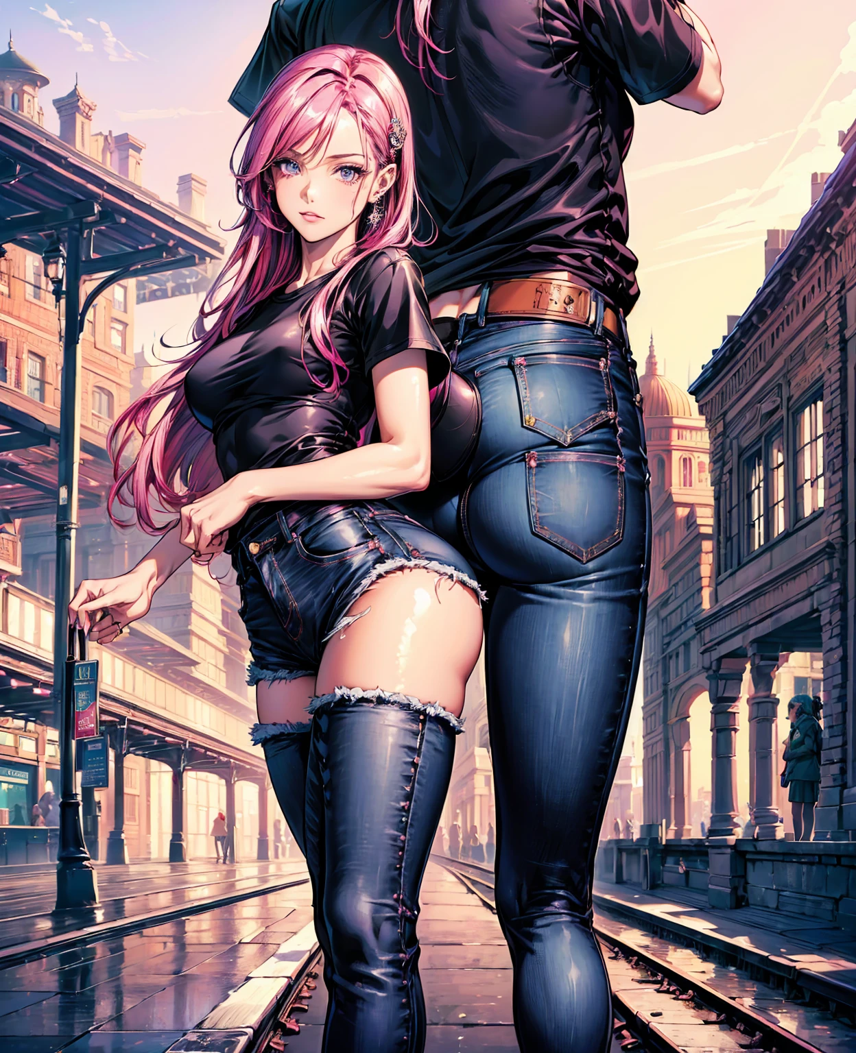 (masterpiece), (best quality), (Highres), Detailed, (Inricate Details 1.2), (Hyper Detailed 1.4), (Ornate Digital Art 1.2), absurdres, 1girl, small breasts, ass, hair ornaments, solo, pink hair, (black shirt:1.3), jeans, (train station:1.2) running, thighs, shortstack, 