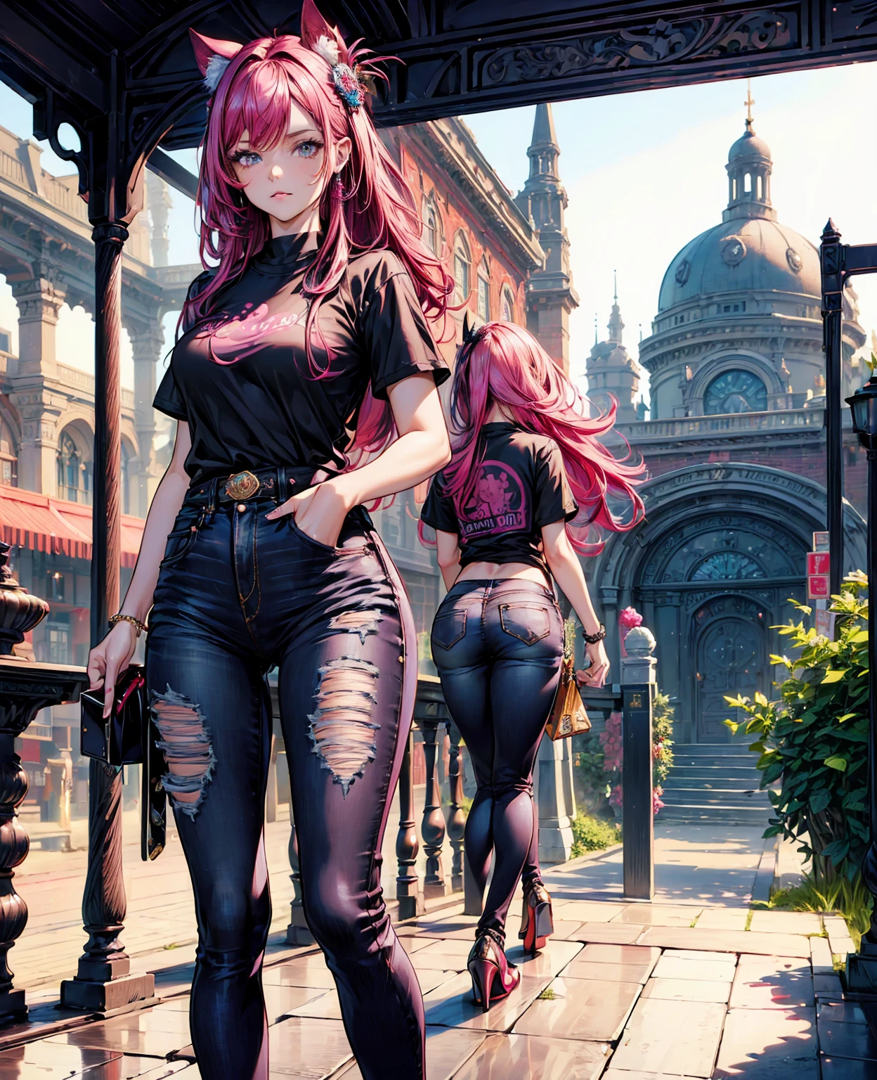 (masterpiece), (best quality), (Highres), Detailed, (Inricate Details 1.2), (Hyper Detailed 1.4), (Ornate Digital Art 1.2), absurdres, 1girl, small breasts, ass, hair ornaments, solo, pink hair, (black shirt:1.3), jeans, (train station:1.2) running, thighs, shortstack, 