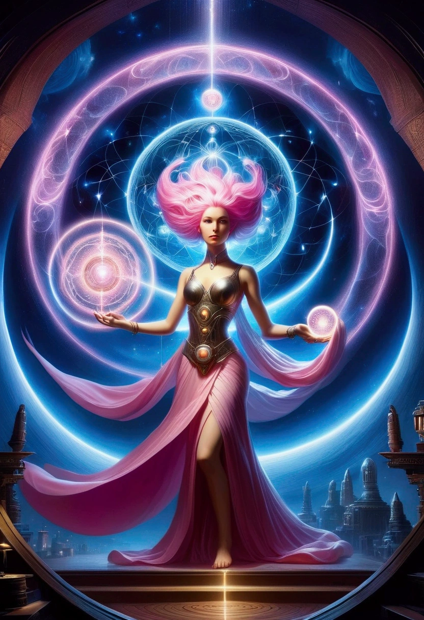 astrologer，magic circle, Sacred geometry, Clear focus, Floating Ghost Magician, Heaven and earth collapsed, Moebius strip, Black Hole, There are a lot of meteorites floating around, Combination magic circle, Telephone, Transformation of the material and the immaterial, Who&#39;s gonna dick, Other complex ritual combinations , Mike Winkelmann style的超现实数字艺术, Rolf ARmstRong style: fractal, Alberto Vargas, とH&#39;style.R. liver. liver,Magical Realism,classical realism,Surrealism,imagine,sf,From Another Realm,impossible,Visual exaggeration,Post-cyberpunk,Nanopunk,Atomic Punch,collect,circuit,Light Painting,白羊Sheet,♈︎,金牛Sheet,♉︎,双子Sheet. ♊︎,cancer,♋︎,天蝎Sheet,♏︎,天秤Sheet,♎︎,Sheet,♍︎,狮子Sheet,♌︎,射手Sheet,♐︎. 摩羯Sheet,♑︎,水瓶Sheet,♒︎,双鱼Sheet,♓︎,Unreal Engine,Octane RendeRing,V-Ray,High detail,high quality,High resolution,Surrealism,16K,Ultra Wide Angle,High angle shot,,Bioluminescence,Pink haired woman、blue eyes