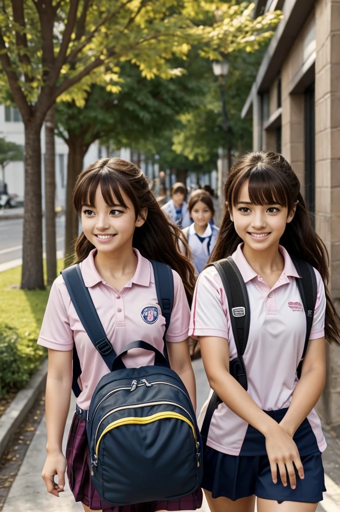 screenshot of the anime Boku No Hero, two women walking through the streets, with background students. The first has a dominant appearance; shoulder hair, negro, with bangs in the middle; slanted eyes, left yellow and right gray; sports uniform de My Hero Academia; blue backpack. The second is Ochako Uraraka, shorter; warm brown wavy hair; round brown eyes, smiling; sports uniform; pink backpack. backlighting, walking side by side