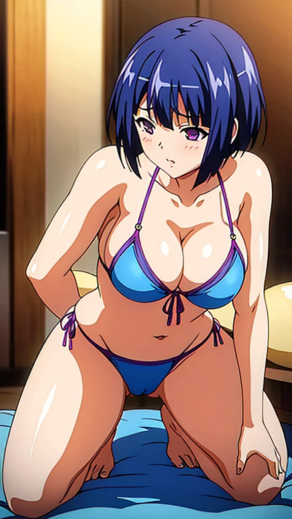 Butt, attractive thighs , Akira Makino, Oni chichi, Short hair, blue Hair, purple eyes, hands on ass, ( full body), bikini