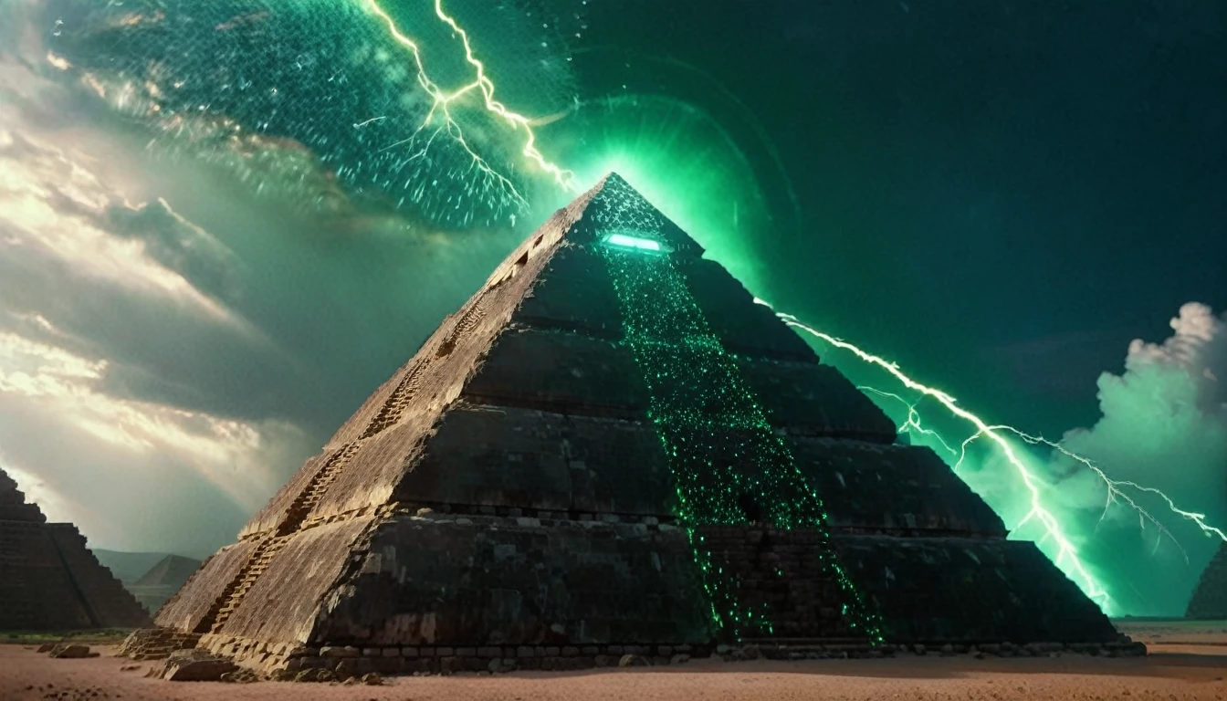 low angle dolly in, cinematic, Naturalistic film style, natural light, film grain, nude woman astronaut, endless black space, in the middle a giant cosmic ancient stone pyramid levitates, the pyramid exudes a green glow, storm, thunder, stars and planet explode, star wind
