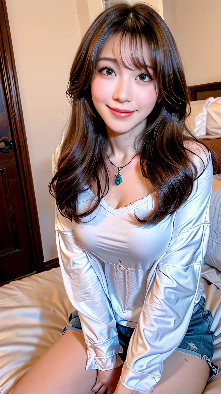 seed;88117315,((Full Body Angle))、Front hair:1.3))、((Highest quality, 8K, masterpiece: 1.3)), concentrated: 1.2, Cute girl 1,Nipples erect、 Perfect beauty: 1.4,Summer T-shirts、Shorts、pajamas: 1.2,Long sleeve、Randall Color、comics＆Text Graphics、Black ruffle-trimmed drawstring zip blouse,1.1, Highly detailed face and skin textures, Fine grain, double eyelid, whitening skin, ,Highest quality,Ultra-high resolution,you,1 girl,alone,_Shiny_skin,Iris,necklace,((brown_length_Wavy_hair)),(lips)),eyelash,Front hair,deal with,compensate,Shiny,pore,skin,Large Breasts、((smiling face))、Bedroom、