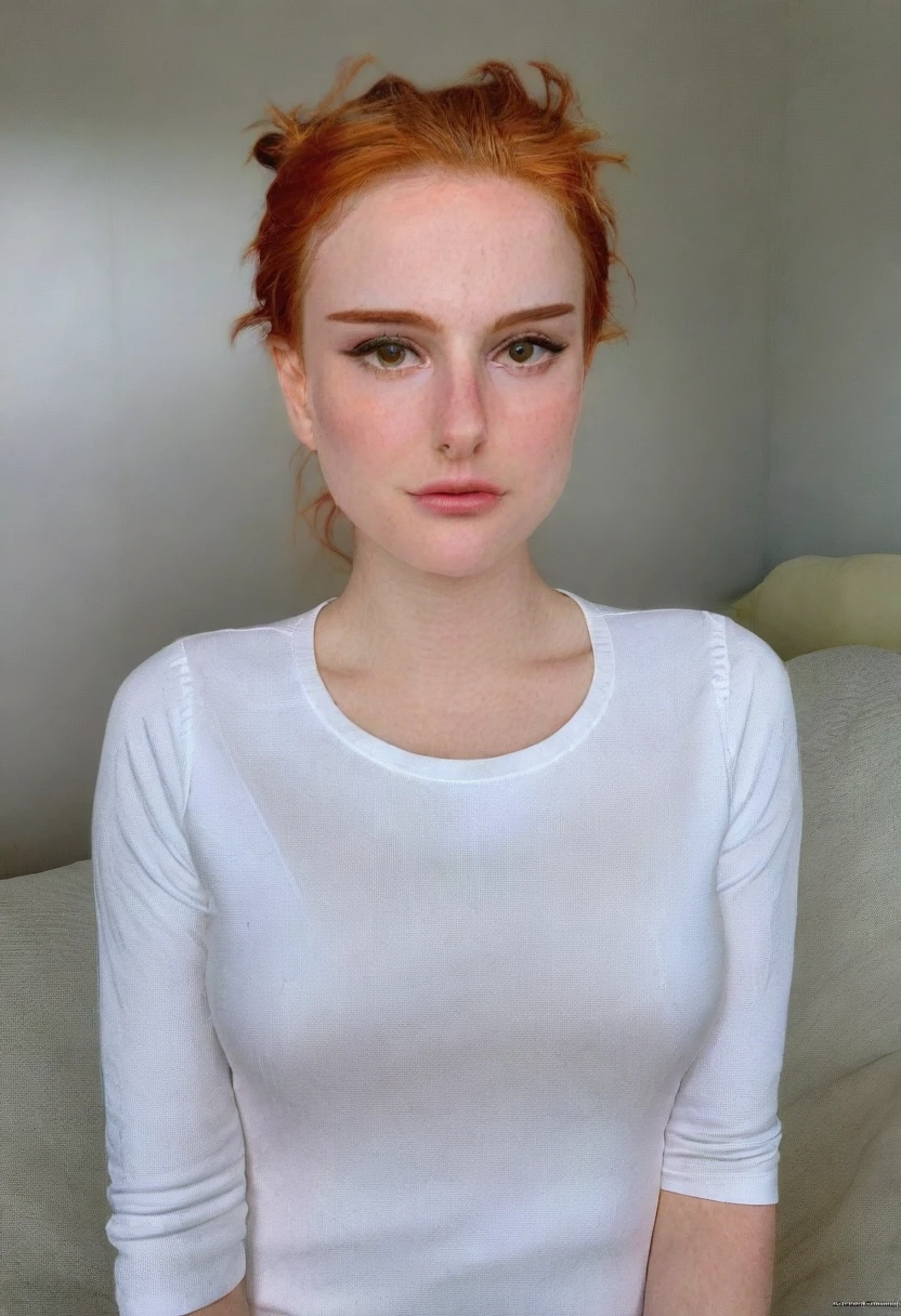 photo by Lilu Canela, wide, annoyed, shirt, Closed mouth, white shirt, Upper part of the body, inside, Orange hair, sweater, realist, body freckles