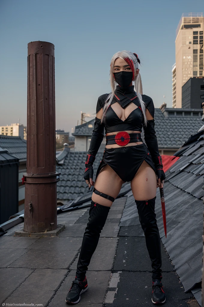 1 girl, white hair, red eye, ninja costume, red and black costume, cool ninja costumes, on the roof, full body, mouth covering, two katanas on the back, stand,