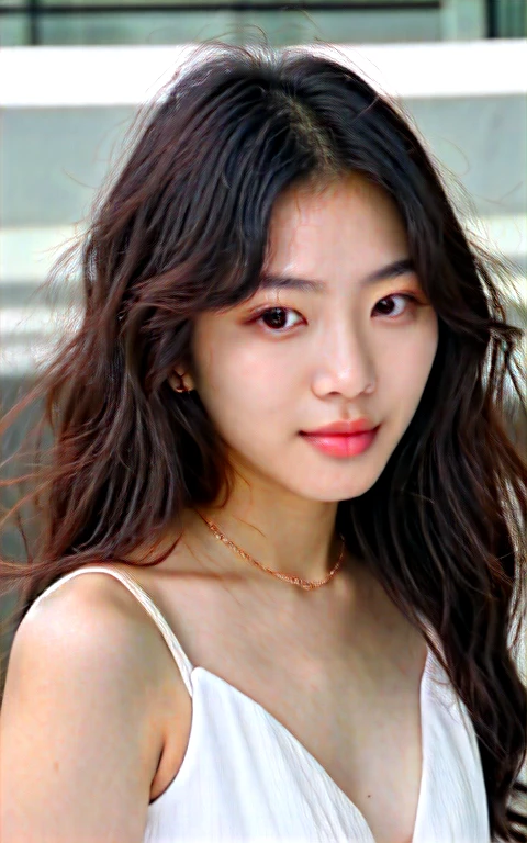 A delicate and beautiful Korean woman, 19 years old, totally the standard of South Korea modern Kpop idol, brown and wavy hair