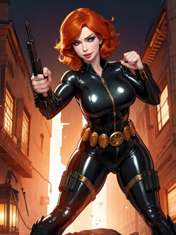 Christina Hendricks as Black Widow, 48 years old, short wavy hairstyle, orange hair color, big breasts Bryce Dallas Howard, bright makeup eyelashes, plump lips, confident smile, mascara on eyes. In black shiny leather suit and metallic utility belt. Dynamic pose, action pose, in a fighting position