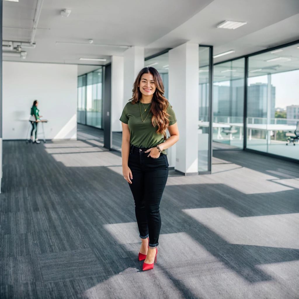 a woman in a green shirt and black pants standing in an office, standing at a table, standing in the corner of the room, standing on the roof, commercial photography, professional comercial vibe, Standing in a large empty hall, standing on a roof, wearing a dark shirt and jeans, perfectly poised, standing on the roof de um arranha-céu, full body wide angle, dressed casually