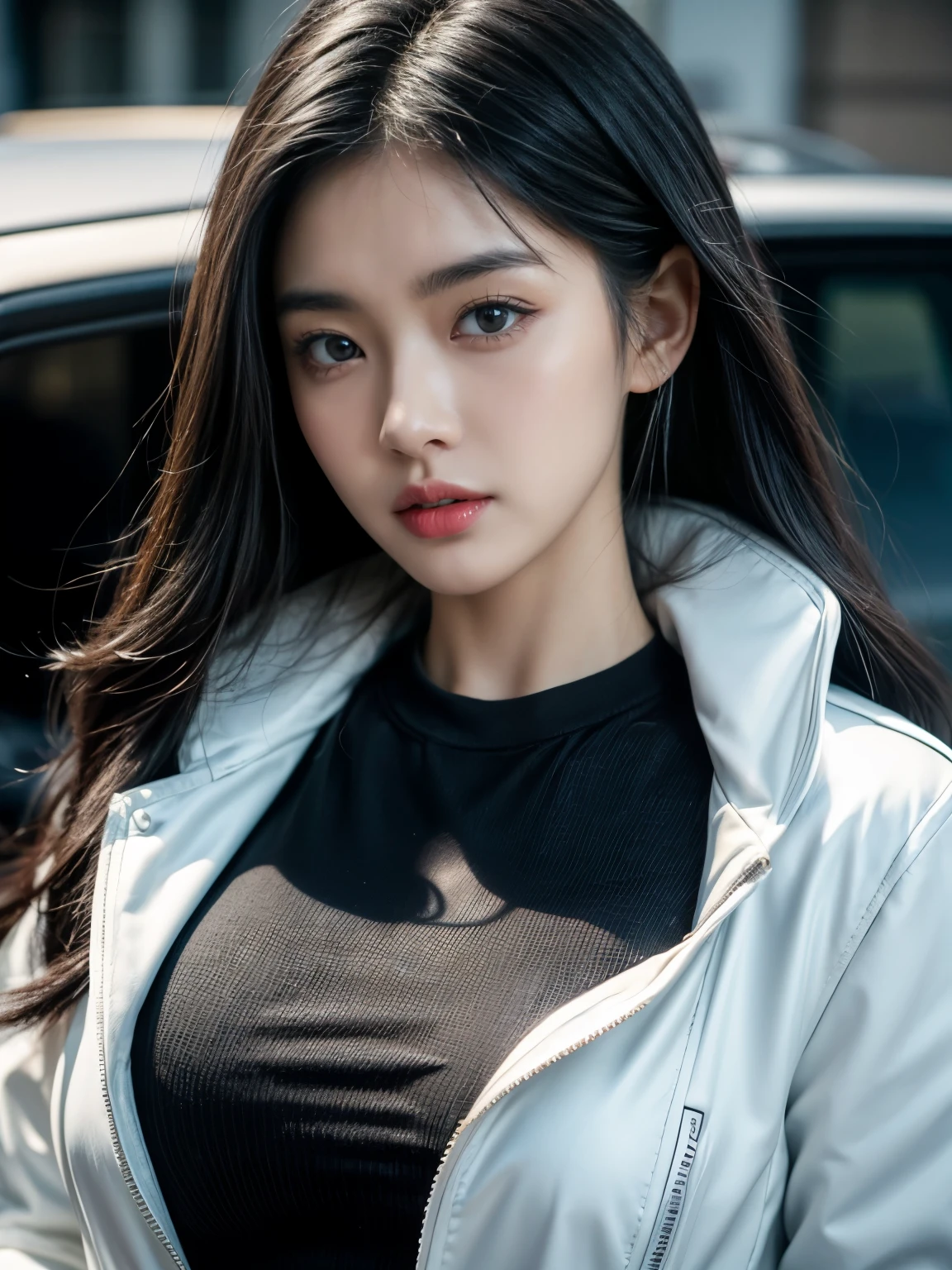 standing, (looking at viewer), cute face, diamond face shape, (((Masterpiece))), garage, cars, (((Best Quality: 1.4))), ((Super Detail: 1.4)), gorgeous exotic features, amber neon eyes:1.5, long black hair, hyper detailed face features, expressivo face, detailed textures, blue skintone, natural skin shader, volumetrics, warm undertones under her skin, ultra High resolution, pair skin, korean, black hair, cute face, (full show perfect body), so huge rounded breasts, racing white and black jacket, 8k, anatomically correct, (dynamic lighting)