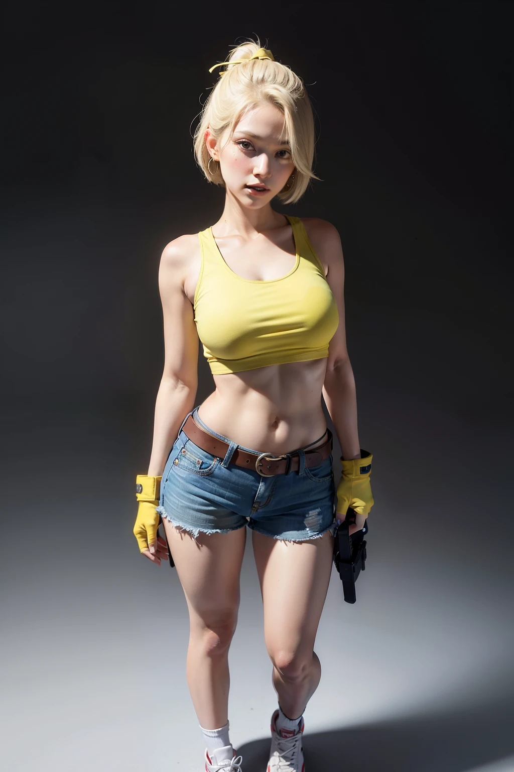 tall, a full-body shot, look up at the viewer, white background, earrings, masterpiece, best quality, 1girl, short blonde hair, standing, yellow tied shirt, midriff, thigh holster, navel, belt, micro denim blue shorts, fingerless gloves, large breasts, beauty face, sneakers, handgun