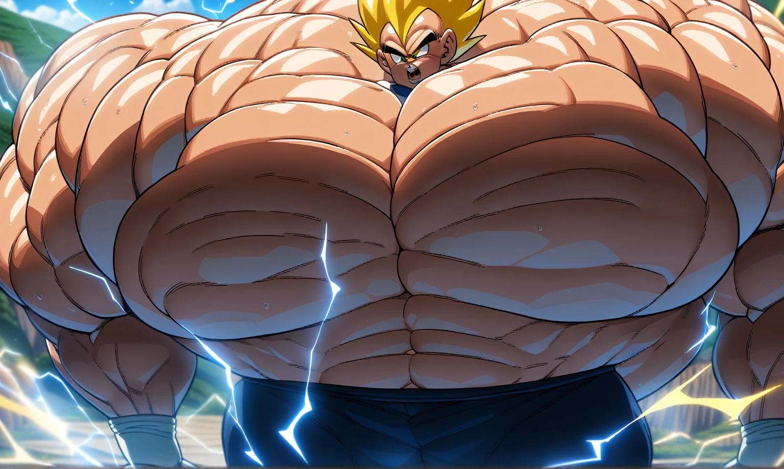 1boy, (Vegeta:1.5), from Dragon Ball Z, masterpiece, best quality, very aesthetic, absurdres, saiyan, blue eyes, spiked hair, (yellow hair:1.5), shirtless, blue skintight pants, white gloves, (huge muscles:3.3), (huge arms:2.5), (huge pectorals:2.5), (huge legs), dragonballartstyle, in the style of Akira Toriyama, white tiled floor, outdoors, flat-top mountains, white boots with brown tips, nipples, electricity, white gloves, closed fists