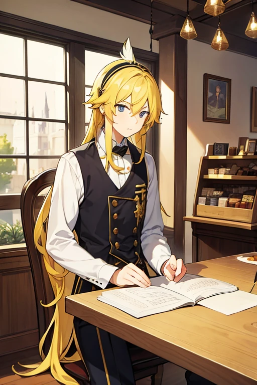 Young man, long yellow hair, with a feather on his head, cafe , poet