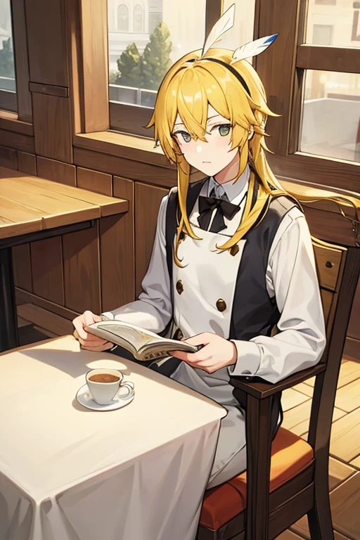Young man, long yellow hair, with a feather on his head, cafe , poet