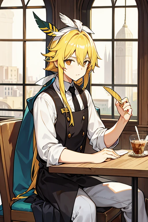 Young man, long yellow hair, with a feather on his head, cafe , poet