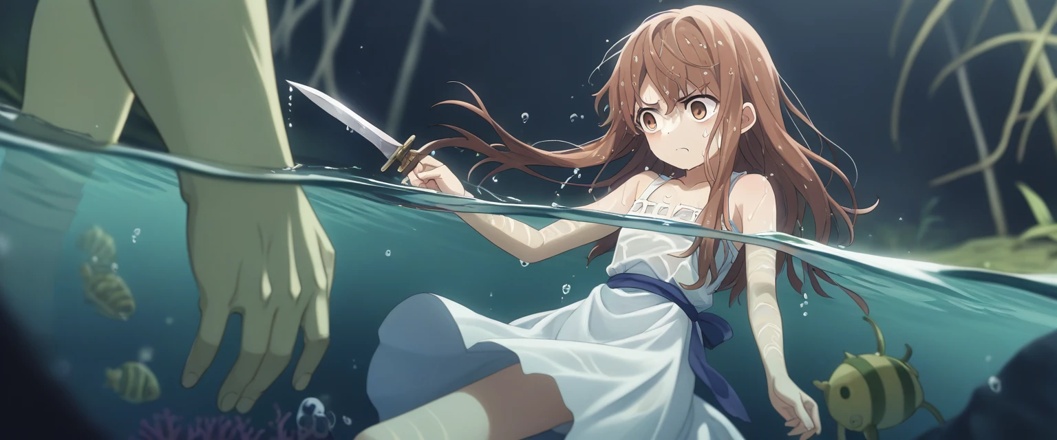 score_9, score_8_wonderful, score_7_wonderful, score_6_wonderful, sauce_anime, partially underwater, 
One Girl, Long Hair, Brown Hair, Wet Hair,
White Dress, Swamp,
Dark Background, Blurred Edges,8-year-old、Adventurer、Flat Chest、Pitch-dark underground labyrinth、No light、skirt、Equipped with a dagger and a shield、水面よりwonderfulの顔、Corpse in water, Underwater Photography、浮力でskirt捲れる