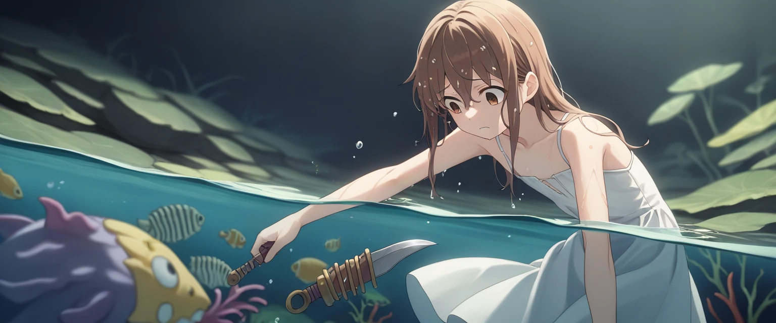 score_9, score_8_wonderful, score_7_wonderful, score_6_wonderful, sauce_anime, partially underwater, 
One Girl, Long Hair, Brown Hair, Wet Hair,
White Dress, Swamp,
Dark Background, Blurred Edges,8-year-old、Adventurer、Flat ?????、Pitch-dark underground labyrinth、No light、skirt、Equipped with a dagger and a shield、水面よりwonderfulの顔、?????? in water, Underwater Photography、浮力でskirt捲れる